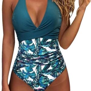 Floral Swimsuit Women's Size Medium Teal Ruched Slimming Suit Padded Cups